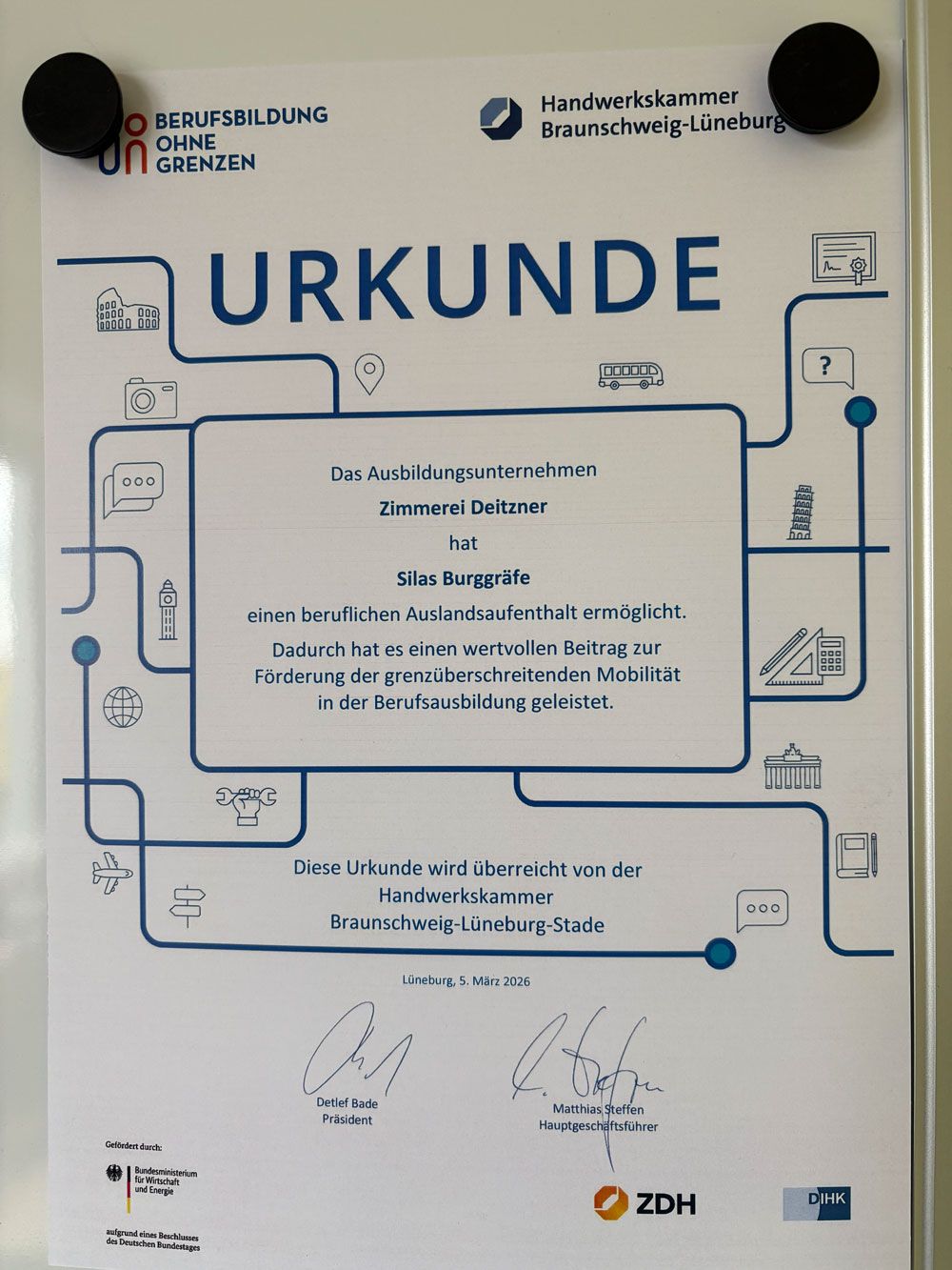 A certificate issued to Max Dargatz by Handwerkskammer Braunschweig-Lüneburg-Stade for participating in a training program.