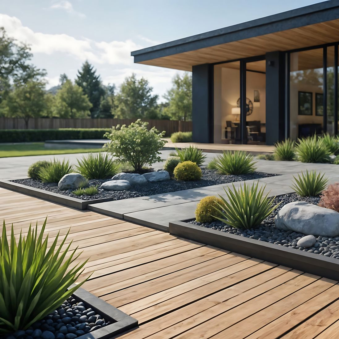 Maison contemporaine avec jardin minéral et plantes grasses