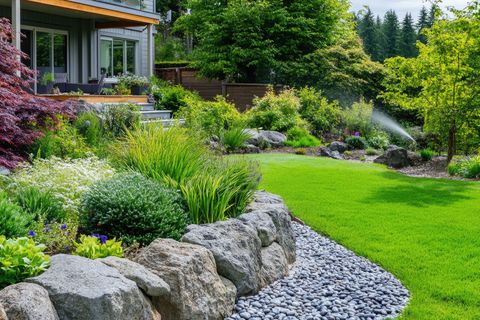 Jardin aménagé avec rochers, plantes et pelouse devant une habitation
