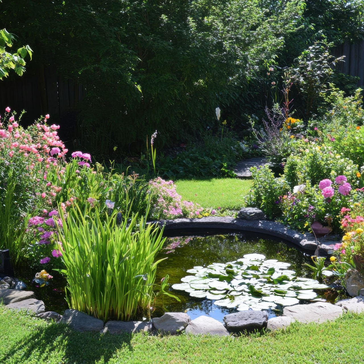 Jardin ombragé avec massifs fleuris, pelouse et végétation dense