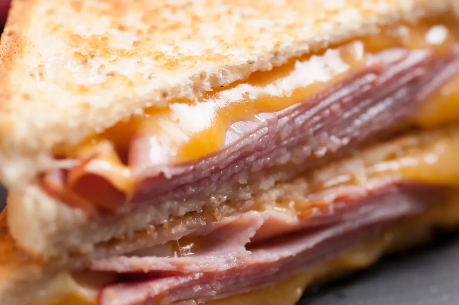 Un primer plano de un sándwich con jamón y queso en un plato.