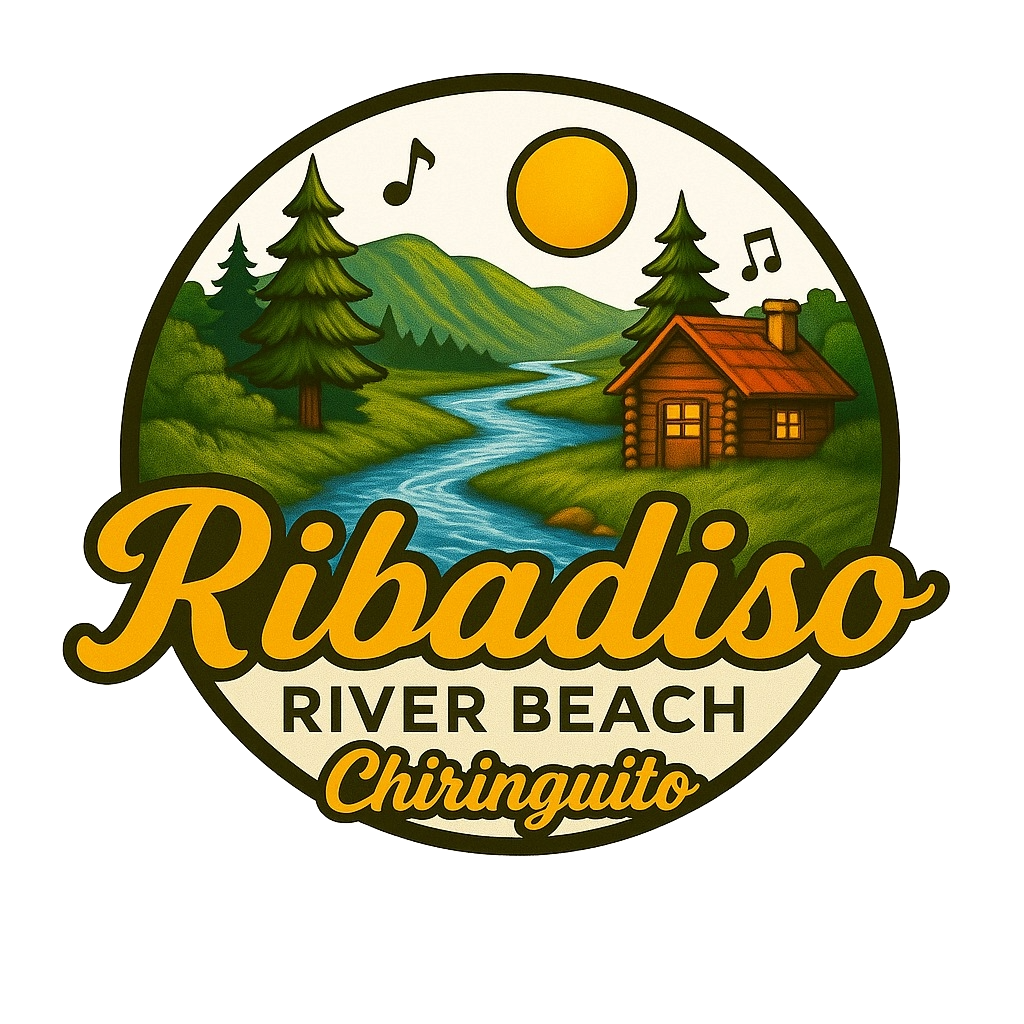 Un logotipo para la playa fluvial de Ribadiso con un río y una cabaña.