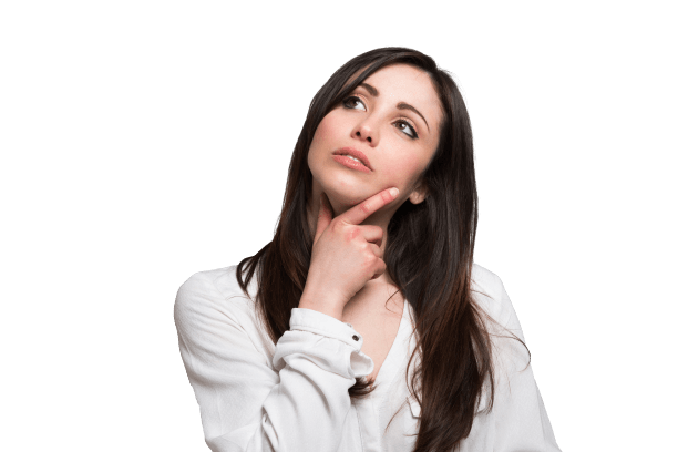 Femme aux longs cheveux bruns, levant les yeux pensivement, la main sur le menton.