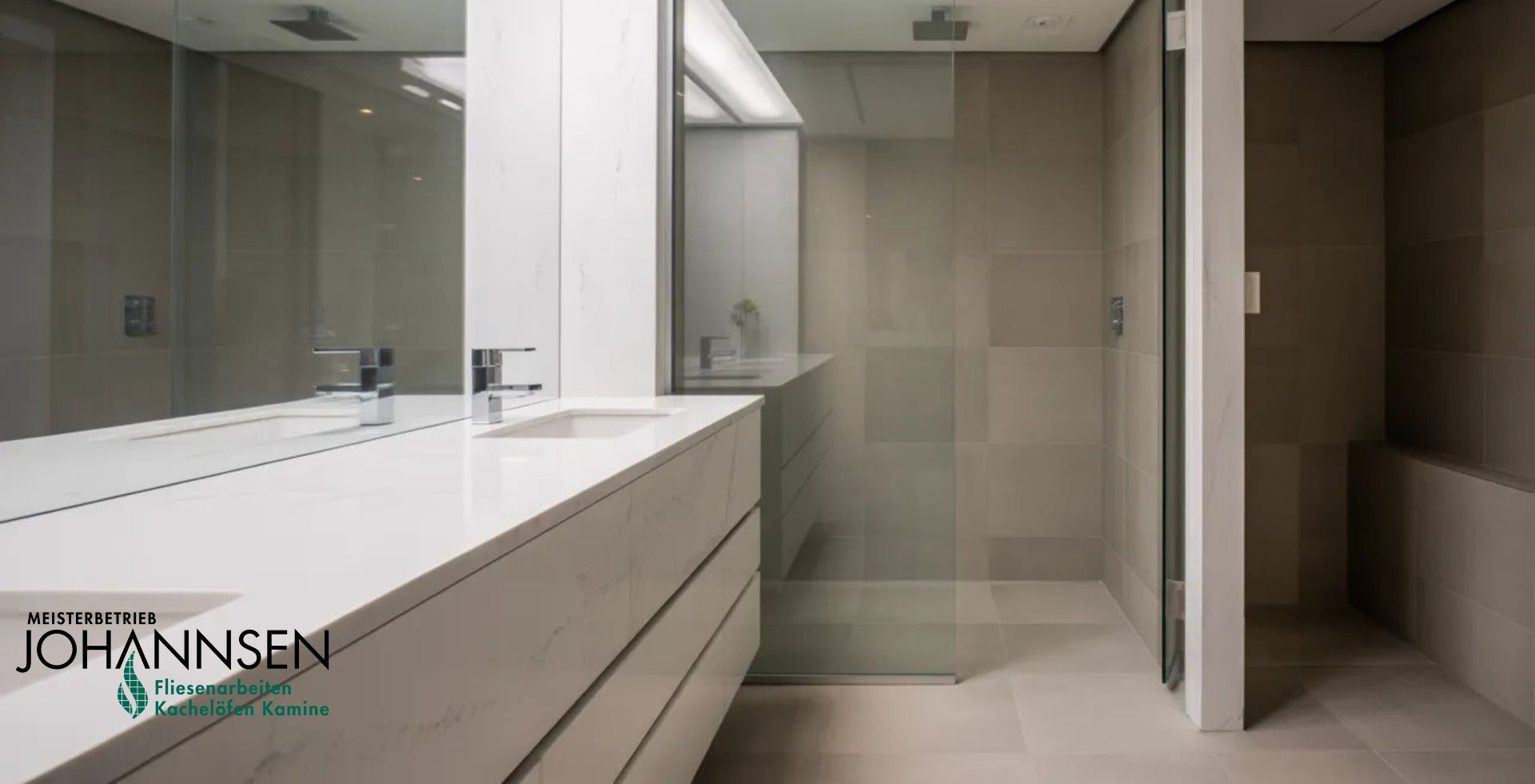 Modernes Badezimmer mit weißem Waschtisch, großem Spiegel, Glasdusche und neutralfarbenen Fliesen an Wänden und Boden.