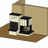 ein 3D-Modell eines Kamins in einem Wohnzimmer.
