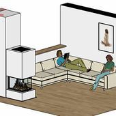 Zwei Personen sitzen auf einer Couch in einem Wohnzimmer mit Kamin.