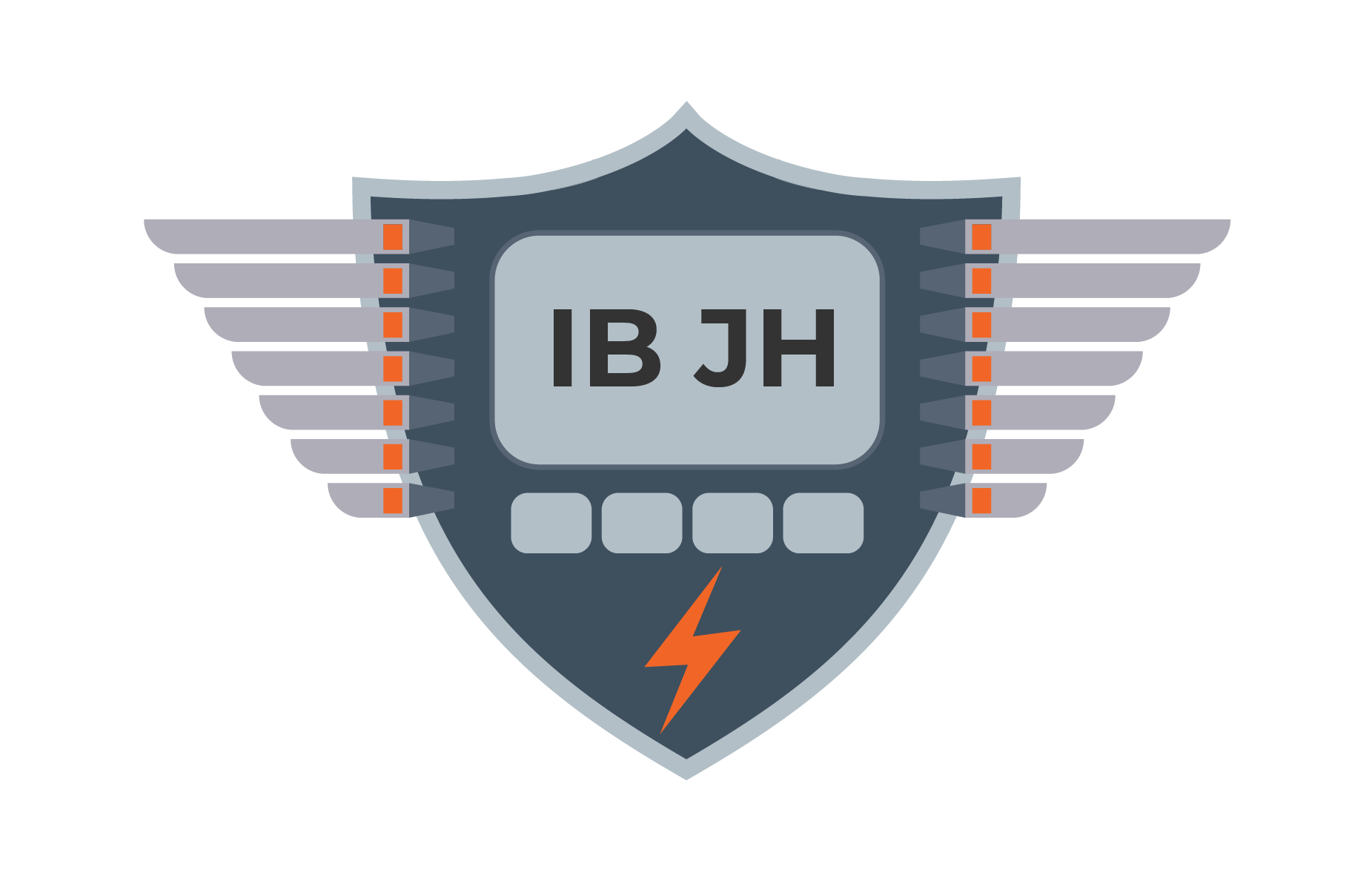 Schildförmiges Logo mit Flügeln und einem Leiterplattenmotiv. Text: „IB JH“ und ein Blitz.