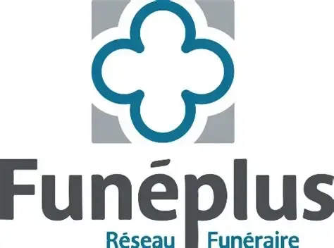 Logo de Funéplus, un réseau de pompes funèbres, représentant un trèfle turquoise sur des carreaux gris et un texte gris foncé.