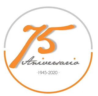 75 aniversario 1945-2020 está escrito en naranja sobre fondo blanco