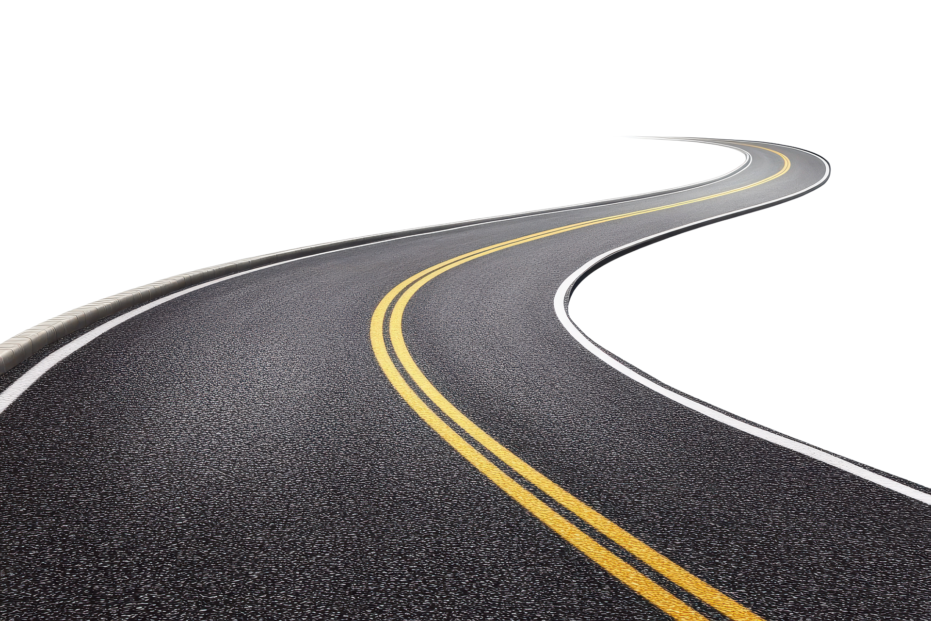 Route asphaltée, sinueuse avec marquages ​​au sol jaune et blanc, sur fond blanc.