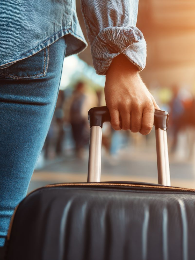 Personne tenant une valise dans une gare routière, lumière du soleil, bus en arrière-plan.