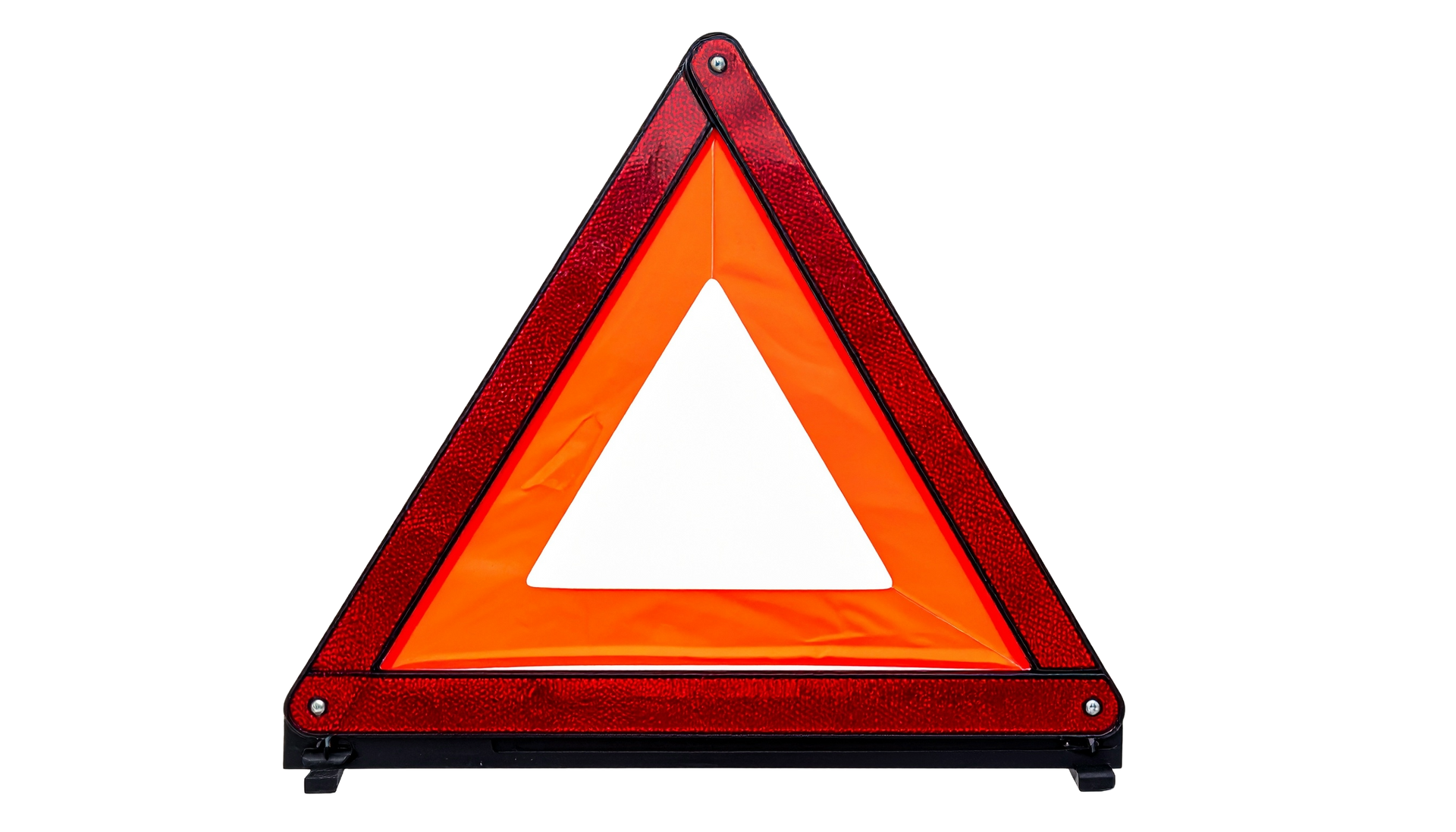 Triangle de signalisation réfléchissant orange et rouge, déplié.