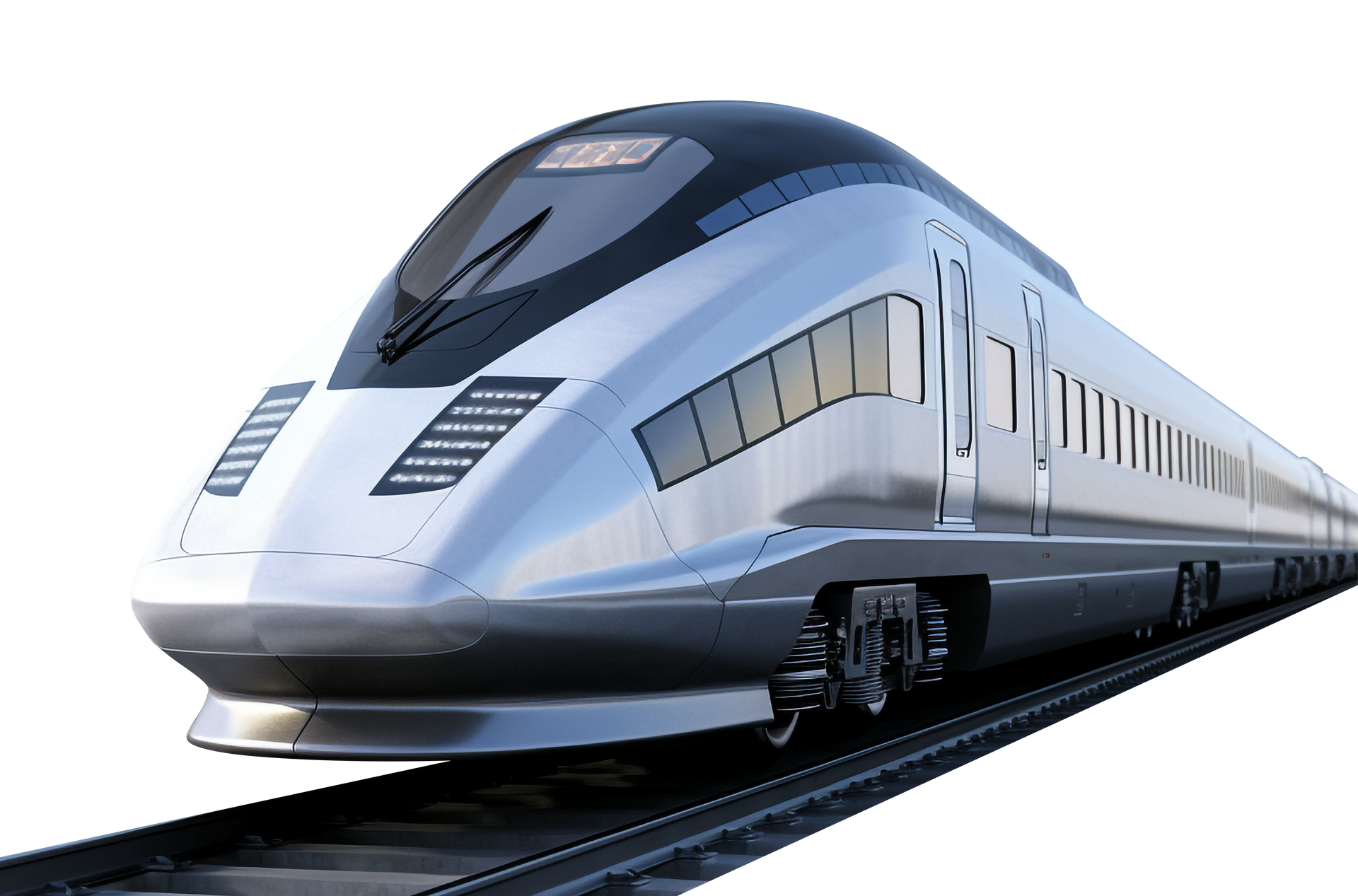 Train argenté à grande vitesse circulant sur des rails, perspective oblique.