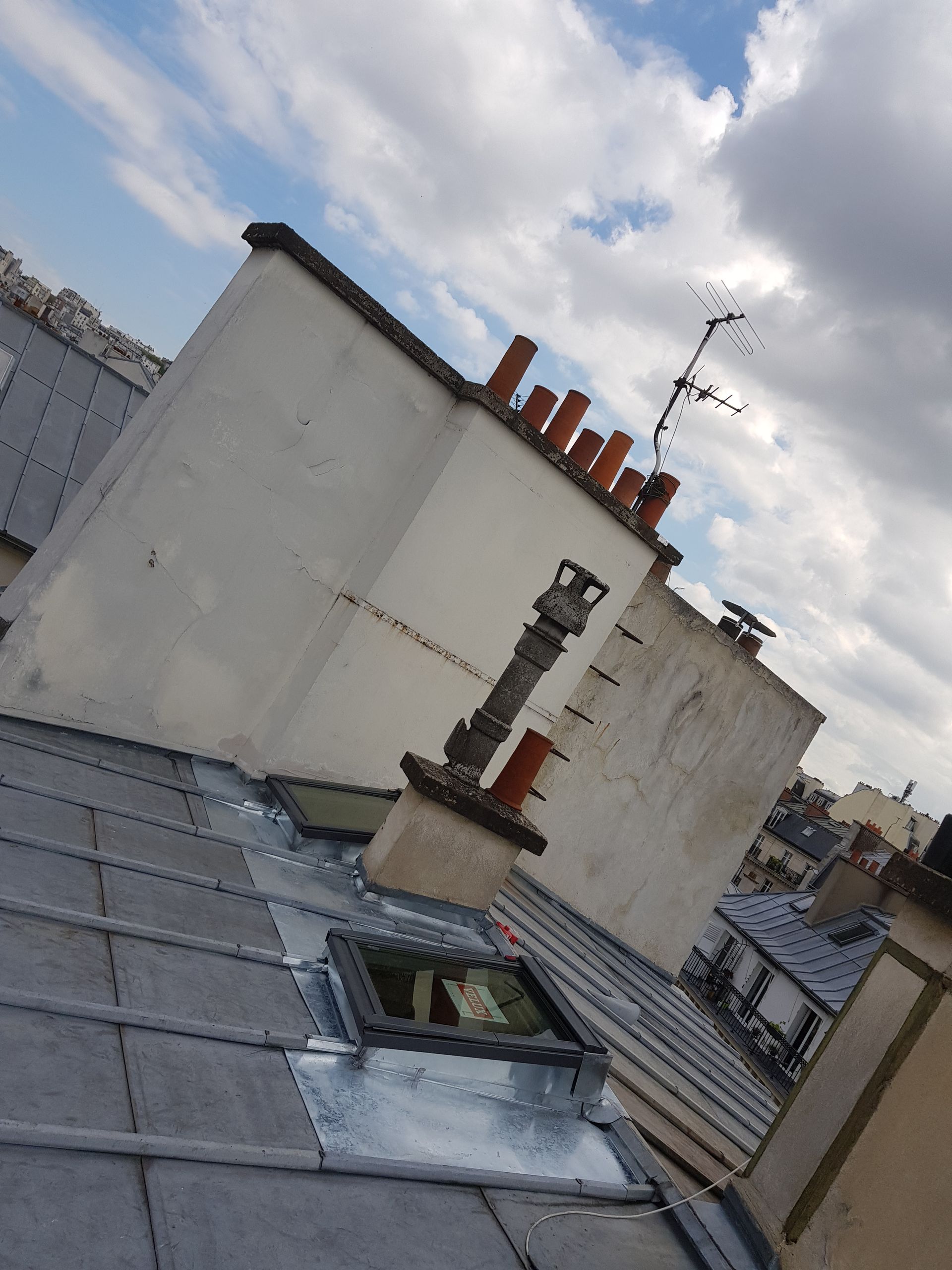 Toiture en zinc avec cheminée et fenêtres de toit