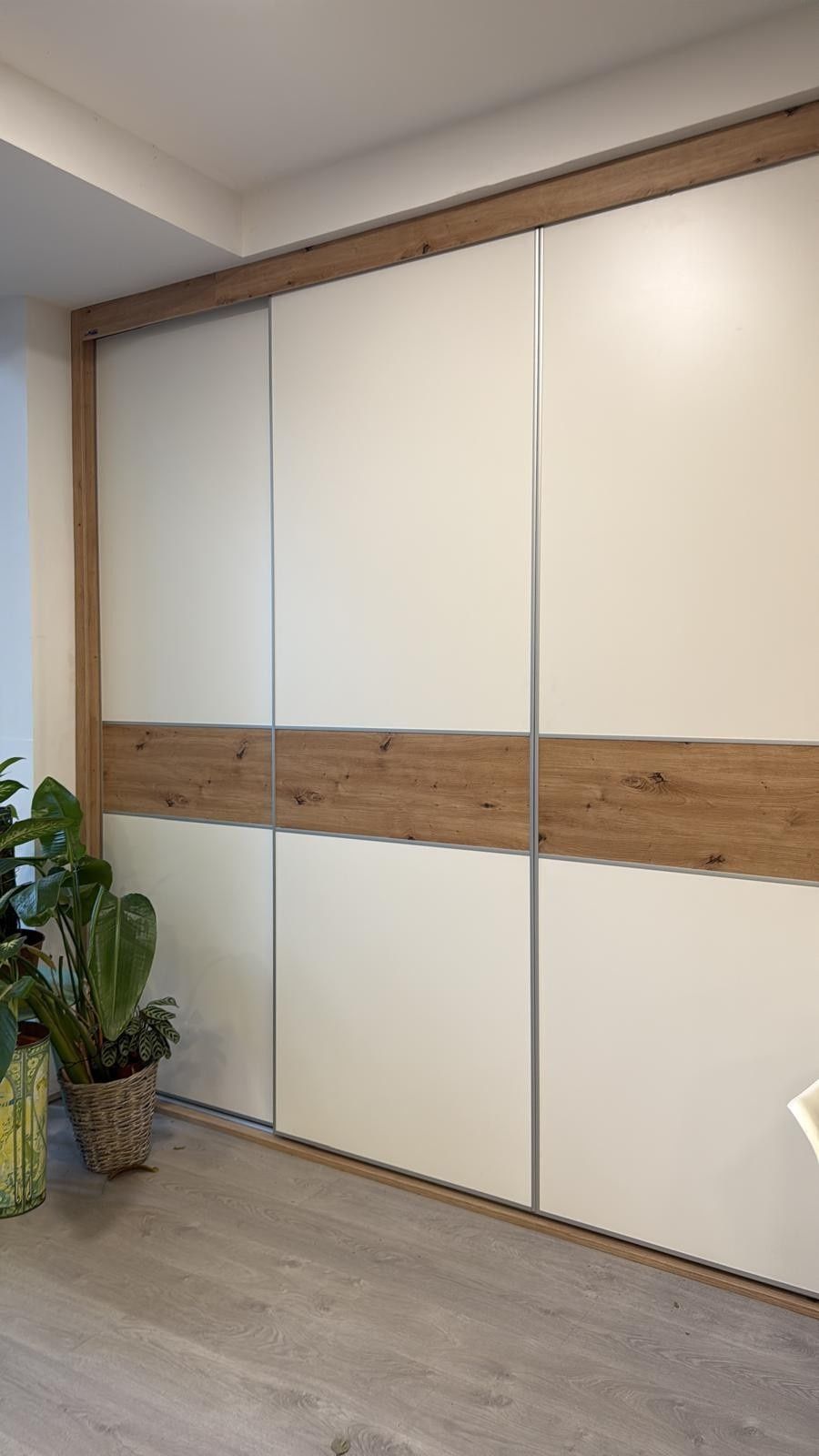 Pared interior moderna con paneles blancos, molduras de madera cálida y una planta en maceta en la esquina.