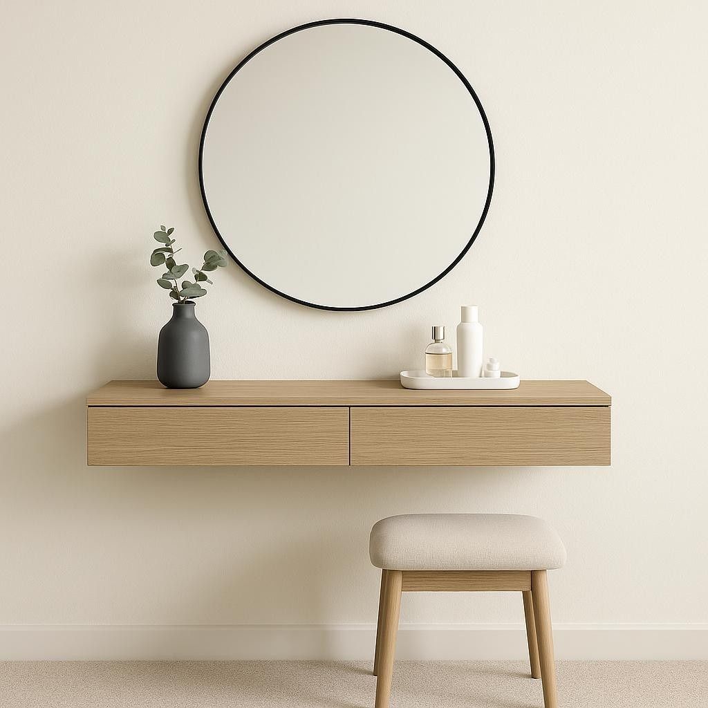 Tocador minimalista de color beige con espejo redondo, estante flotante de madera, jarrón, velas y taburete acolchado.