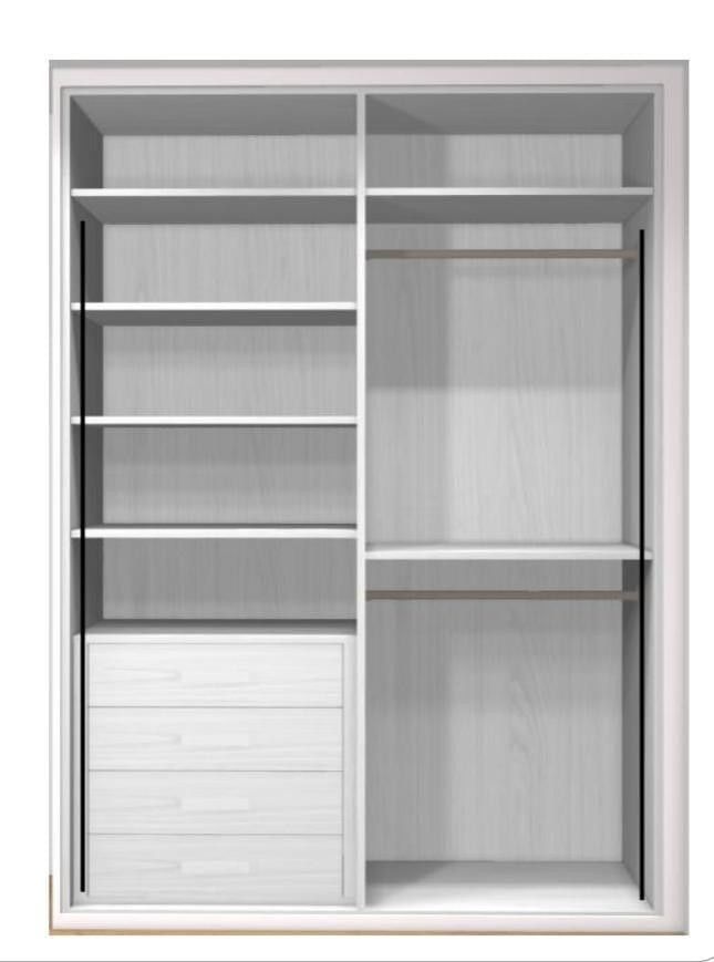 Armario abierto con estantes, cajones y barra para colgar ropa, en acabado blanco y madera.