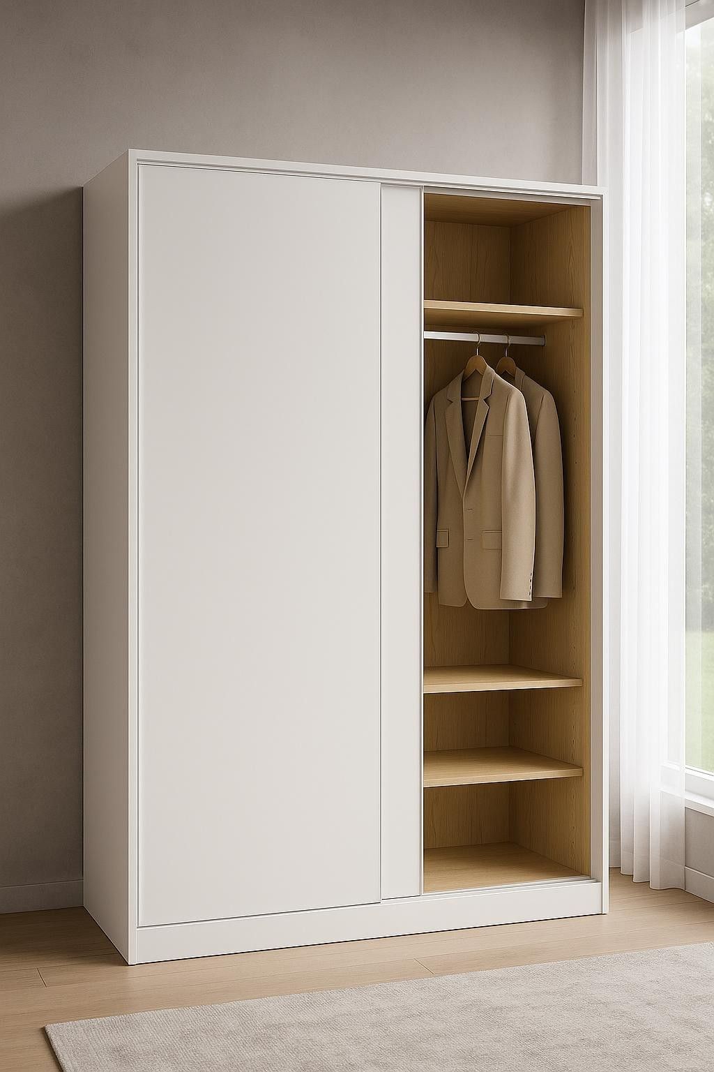 Armario blanco abierto con estantes y ropa colgada en una habitación luminosa.