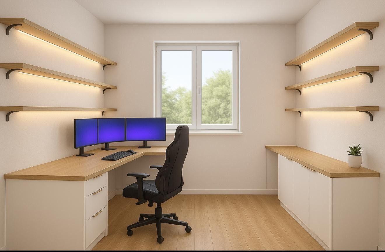 Despacho minimalista en casa con estanterías de madera, escritorio, dos monitores, silla y ventana.