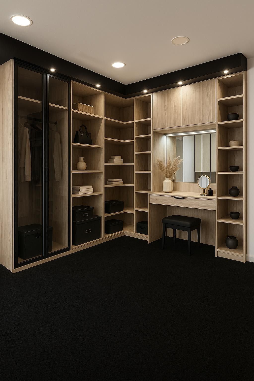 Vestidor moderno con estantes de madera, espejo de tocador y suelo de moqueta negra.