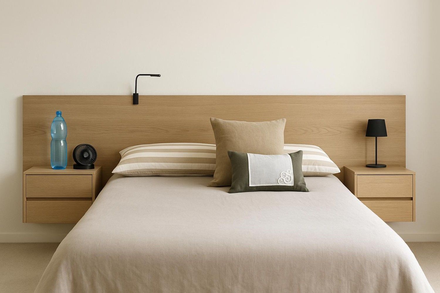 Dormitorio minimalista con una cama bien hecha, cabecero de madera, mesitas de noche y una lámpara.