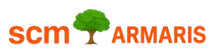 Logotipo de scm ARMARIS con texto naranja y un icono de &aacute;rbol verde en el centro.