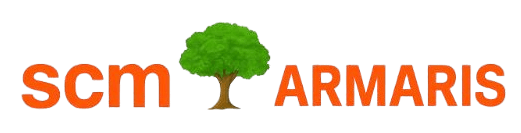 Logotipo de scm ARMARIS con texto naranja y un icono de &aacute;rbol verde en el centro.