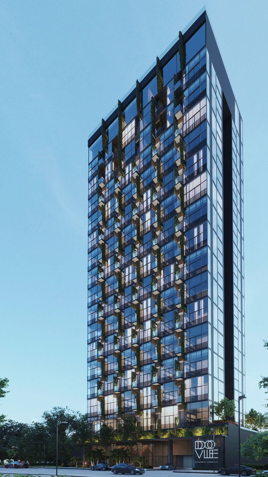 Modern high-rise apartment building with a black facade and blue-tinted windows against a blue sky.