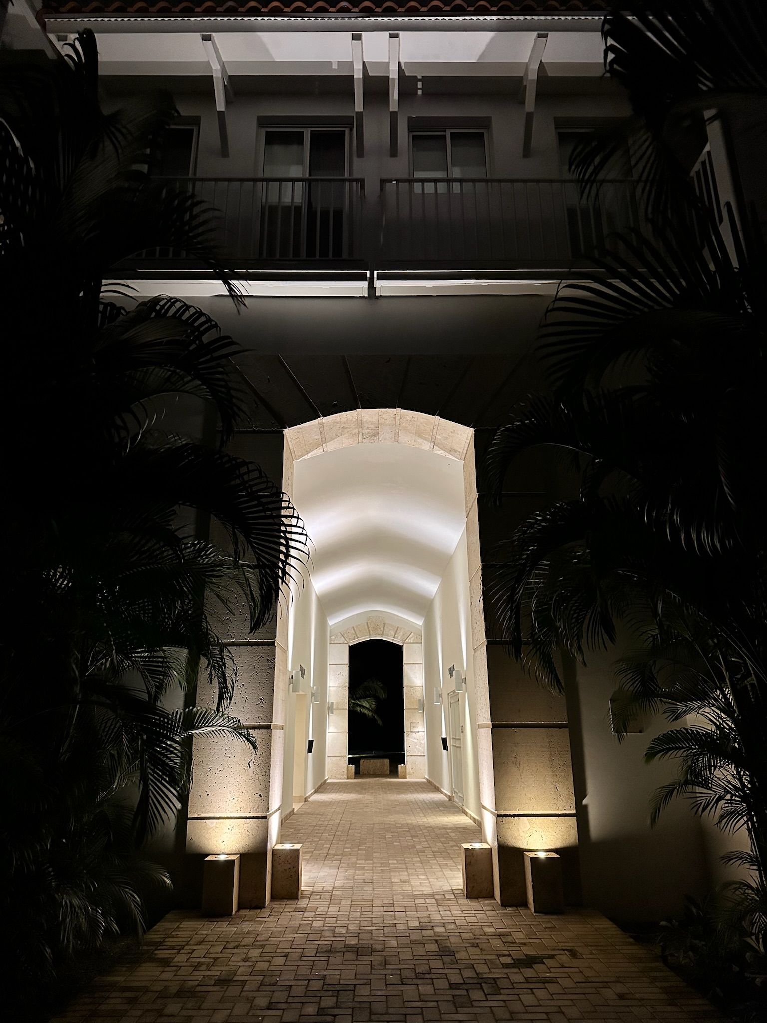 Lit stone archway leading to a dark opening, flanked by palm trees and building facade, lit at night.