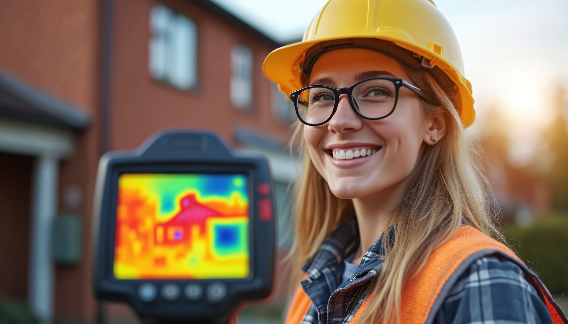 Un professionnel souriant, portant un casque et un gilet de sécurité, tient une caméra thermique affichant une carte thermique d'une maison.