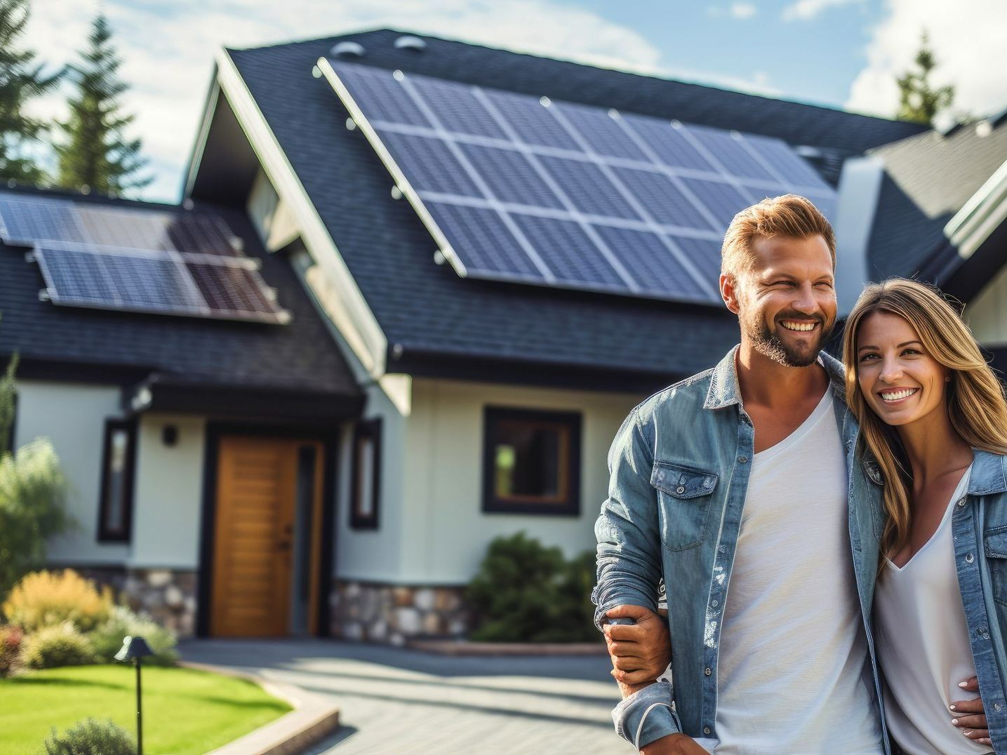 Un homme et une femme devant une maison avec des panneaux solaires