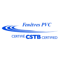 Logo for PVC windows. Blue swoosh, text "Fenêtres PVC," "CERTIFIÉ CSTB CERTIFIED" in blue.