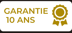 Badge de garantie, « Garantie 10 ANS » (garantie de 10 ans) avec une rosette dorée sur fond blanc.