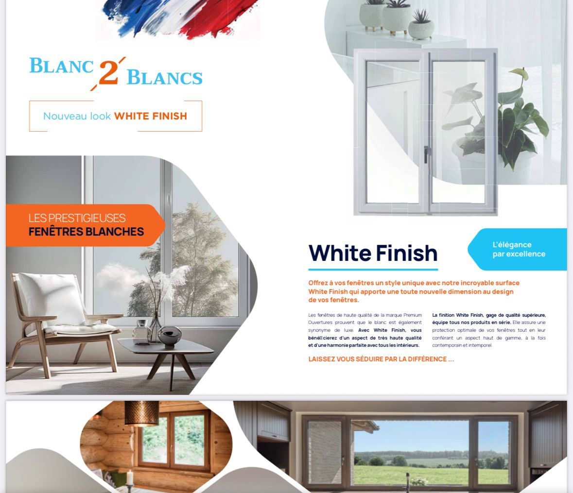 Publicité pour les fenêtres « Blanc 2 Blancs », présentant des fenêtres à la finition blanche dans différents contextes.