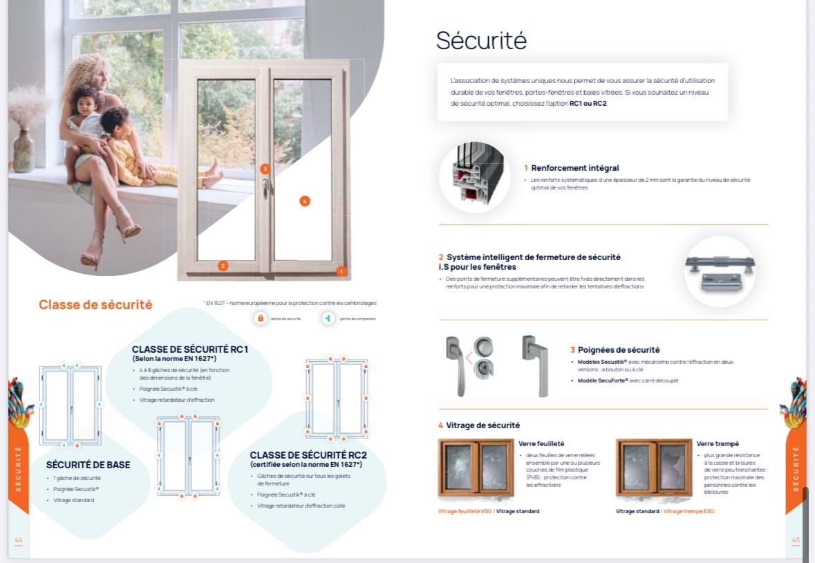 Page extraite d'une brochure sur les fenêtres, présentant les différentes options, les dispositifs de sécurité et une famille devant une fenêtre.