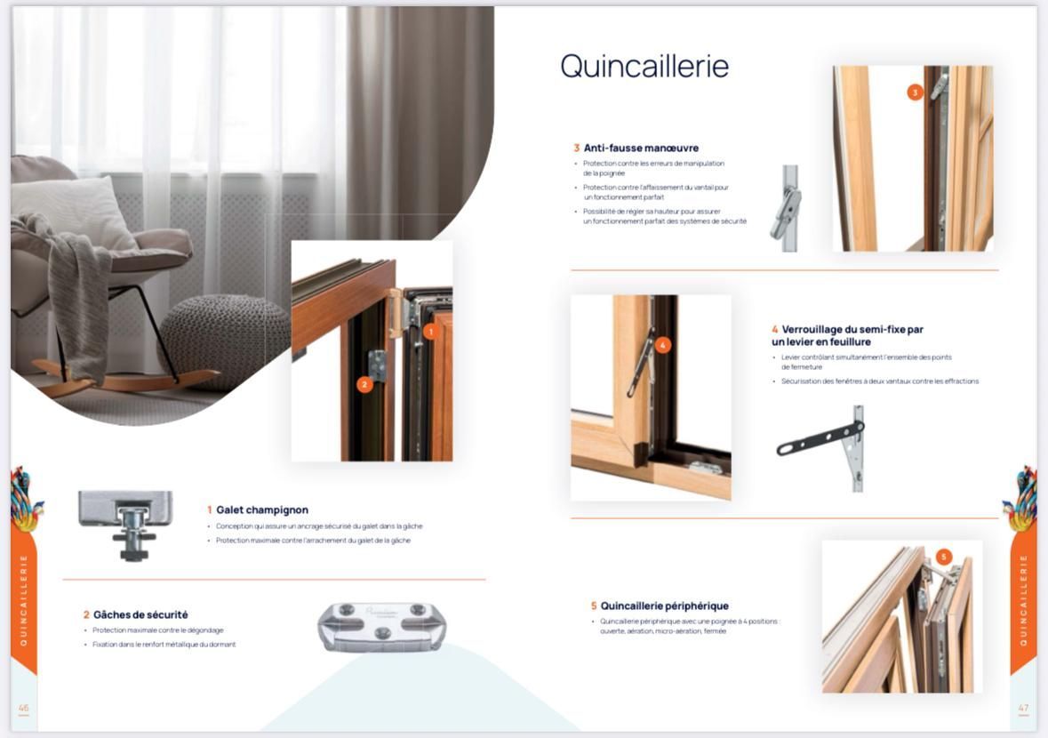 Page extraite d'une brochure présentant des accessoires pour fenêtres, avec des images de produits en gros plan et une scène de salon.