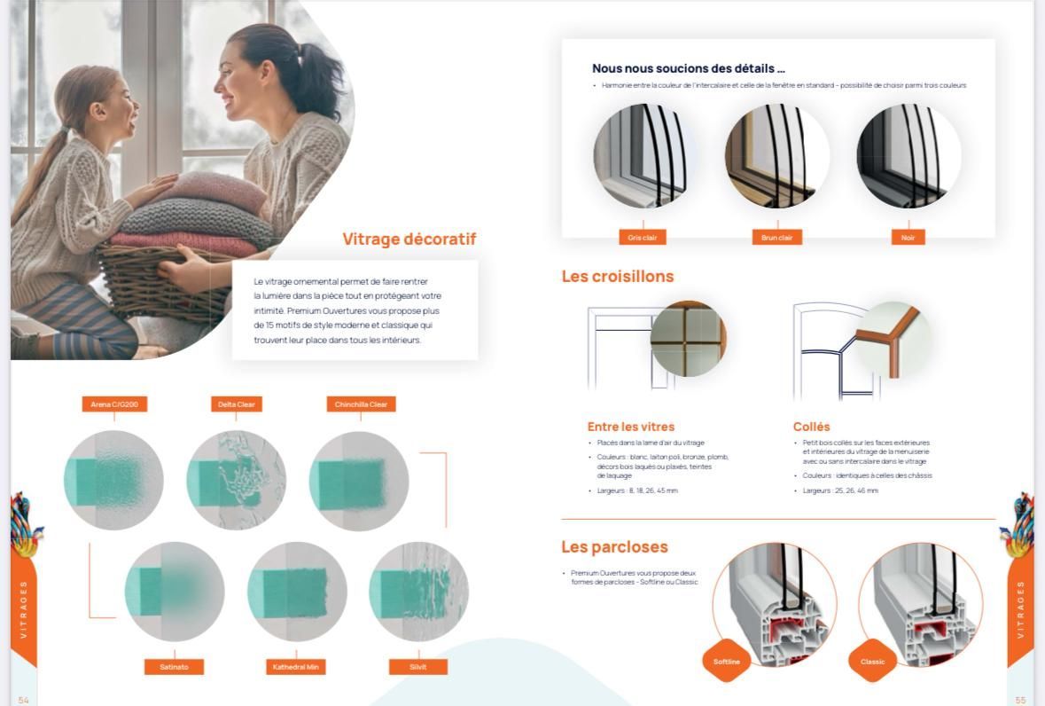 Brochure présentant les types et les caractéristiques des fenêtres : une mère et son enfant regardant à travers une fenêtre, schémas des composants d’une fenêtre.