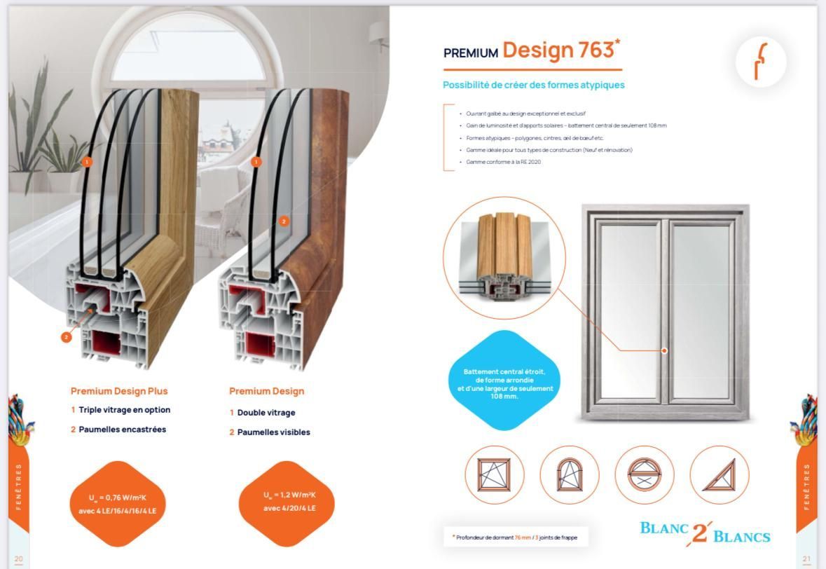 Brochure de la fenêtre Fenster Design 763. Présente des coupes transversales, des détails et un exemple d'installation.