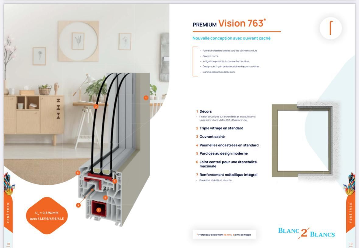 Schéma d'un profil de fenêtre et d'une scène intérieure, avec détails du produit et exemple de cadre.