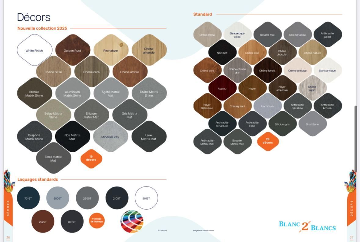 Nuancier présenté sur une page, organisé en grilles. Ces nuanciers concernent les revêtements de décoration et d'extérieur.