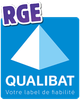 RGE Qualibat label: blue background, white and blue pyramid, text