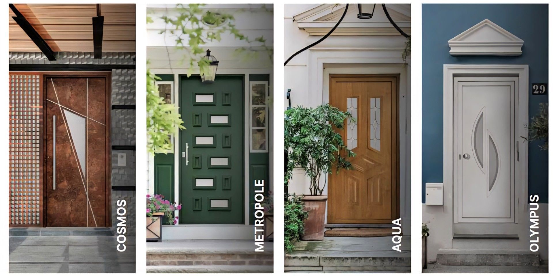 Assortiment de portes d'entrée de couleurs et de styles variés ; certaines avec panneaux de verre.