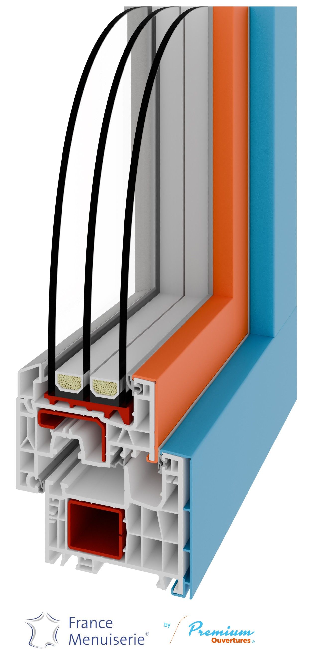 Coupe transversale d'un cadre de fenêtre vert à double vitrage, montrant sa construction à plusieurs chambres.