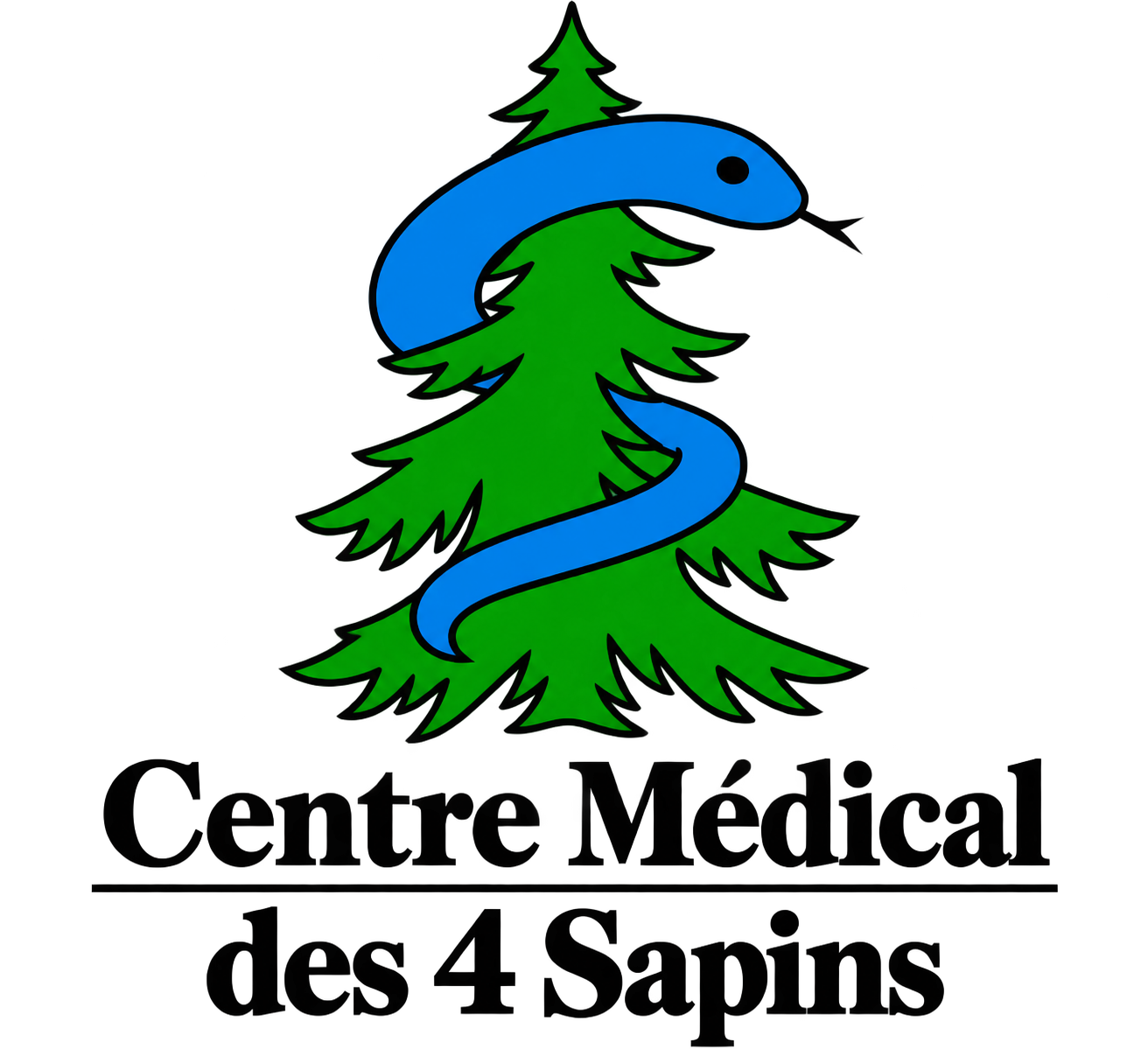 Logo pour le Centre M&eacute;dical des 4 Sapins avec un serpent bleu autour d&rsquo;un sapin vert
