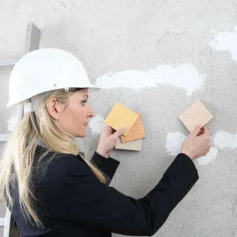 Mujer con casco comparando muestras de pintura en una pared dañada.
