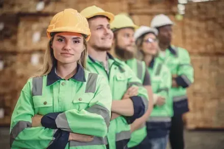 Grupo de diversos trabajadores de la construcción con chalecos de seguridad y cascos, con los brazos cruzados, sonriendo en un almacén.