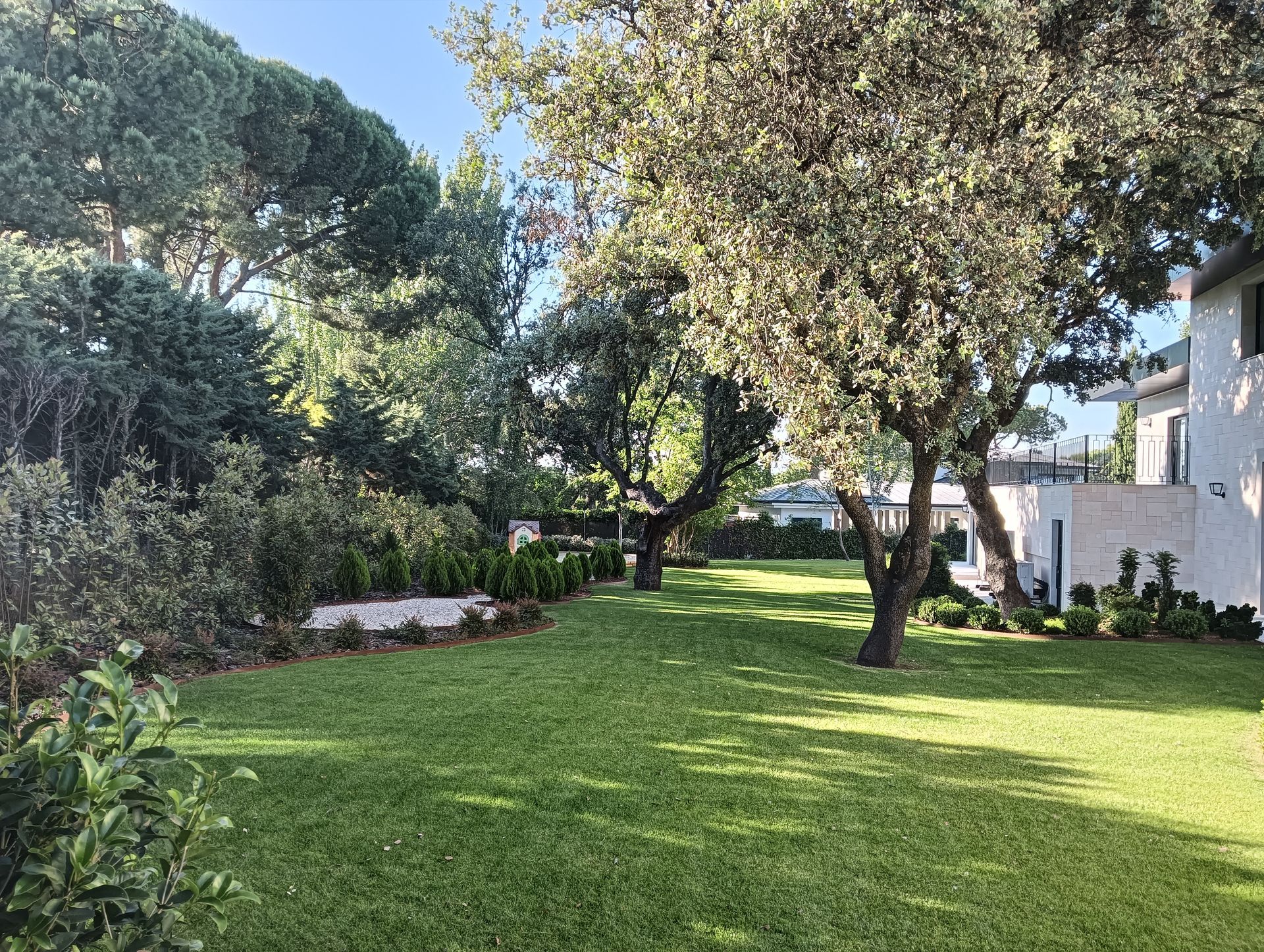 Jardín soleado con césped, árboles, arbustos y una casa blanca al fondo