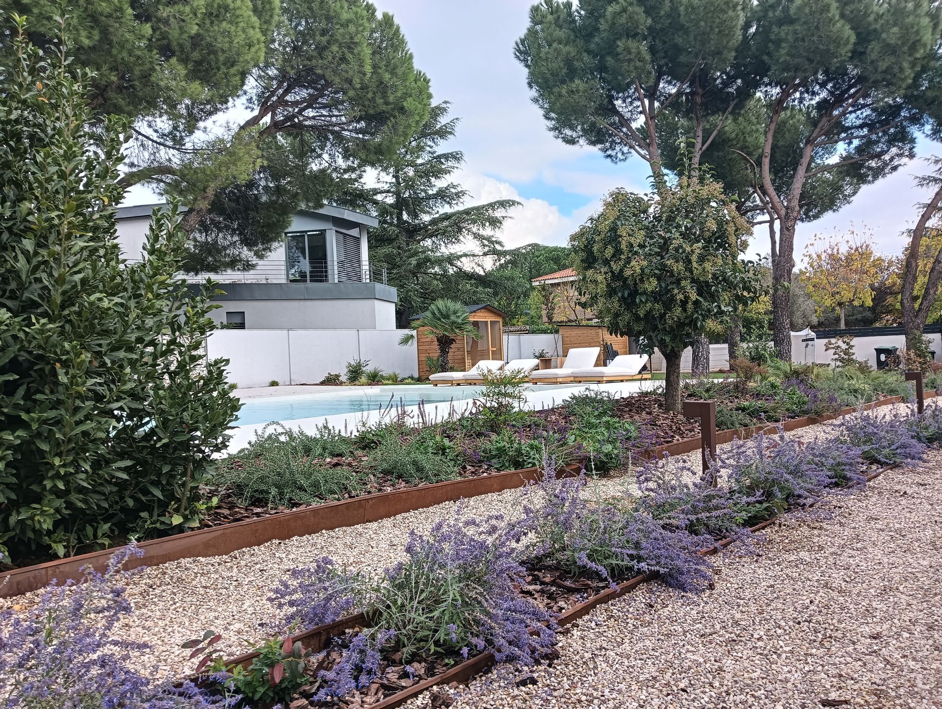 Casa moderna con piscina, árboles y jardín paisajístico con flores moradas y un sendero de grava