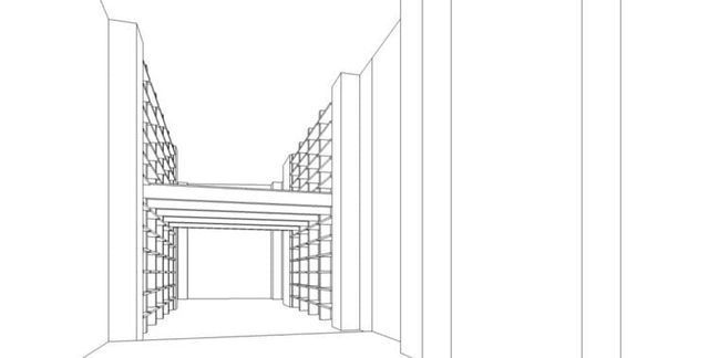 Un dibujo en blanco y negro de un túnel entre dos edificios.