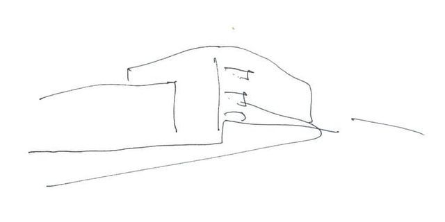 Un dibujo en blanco y negro de un edificio en una colina.